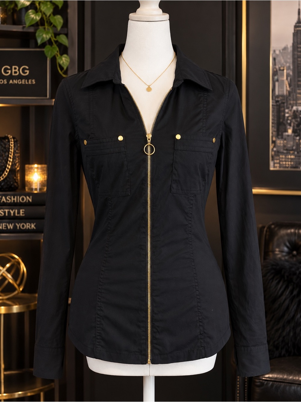 GBG Los Angeles Black Zip-Front Utility Blouse with Gold Hardware
